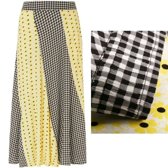 GANNI Daisy Printed Floral Crepe Paneled Maxi Skirt Gingham Yellow Flowy EU 40 - Picture 15 of 15